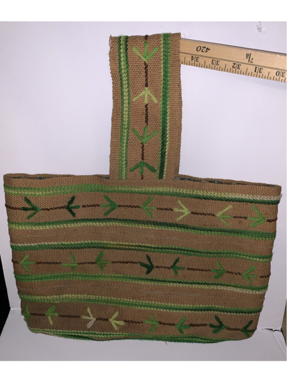Vtg Boho Burlap Tote Elbow Bag Purse Yarn Hand-Embroidered 1960 70's Green Retro - Picture 2 of 14